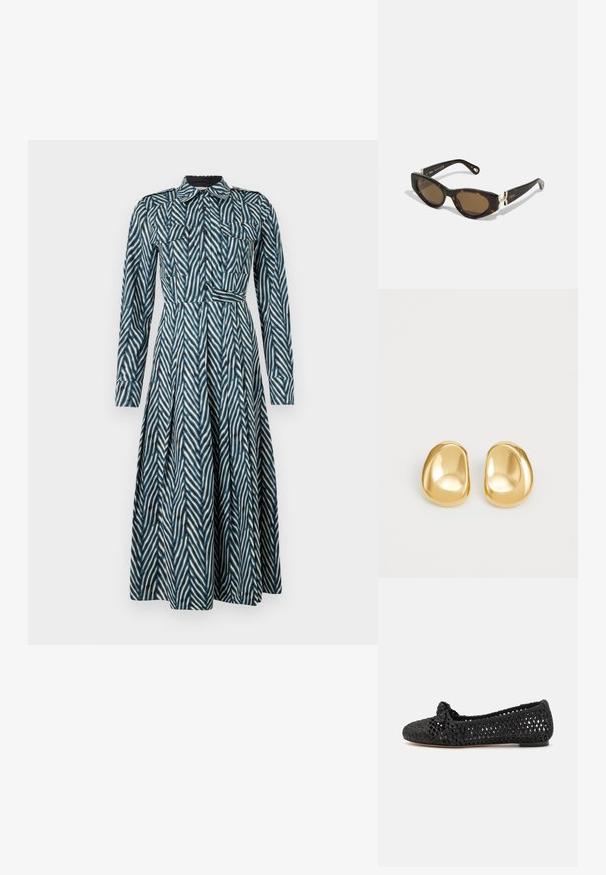 Diane von Furstenberg ASPEN DRESS - Vestido camisero - blue; Zapato plano negro con parte superior de textil trenzado, que presenta un acento anudado en la puntera. Suela lisa, forma de punta redonda y diseño de tejido abierto.; CHLOÉ Gafas de sol - havana-brown; Pendientes de studs en color dorado con una forma suave y redondeada y una superficie reflectante, que exhiben un diseño minimalista y sin patrones visibles.