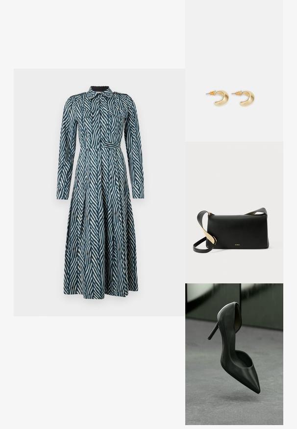 Diane von Furstenberg ASPEN DRESS - Skjortekjole - blue; Sorte læder højhælede sko med spids tå og buet kant, der har en slank stiletto hæl og glat, blank overflade.; Sort læder skuldertaske med rektangulær form, fladt design, justerbar strop og guldlogo-detalje foran.; Guld halvmåneformede øreringe med en glat overflade, der har orange accenter nær stiften og sølv hardware.