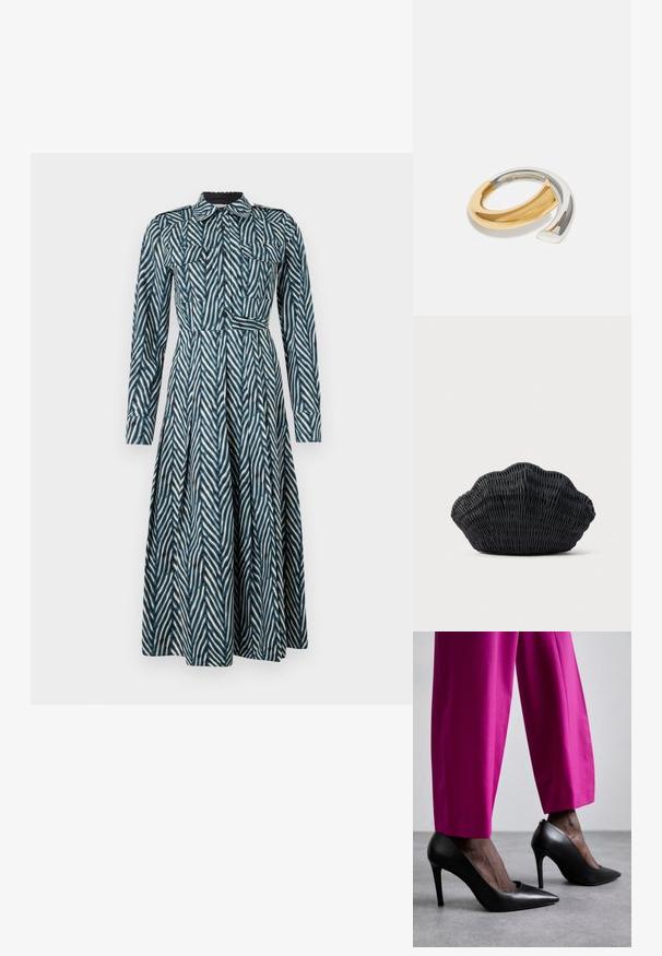 Diane von Furstenberg ASPEN DRESS - Skjortekjole - blue; Sorte højhælede sko med spids tå-design og glat læderstruktur. Kombineret med lyserøde, skræddersyede bukser.; Sort flet håndtaske formet som en muslingeskal med en buet top og flettet tekstur på en ensfarvet baggrund.; Tofarvet snoet armbånd med polerede guld- og sølvsegmenter i buet form, vist på en hvid baggrund.