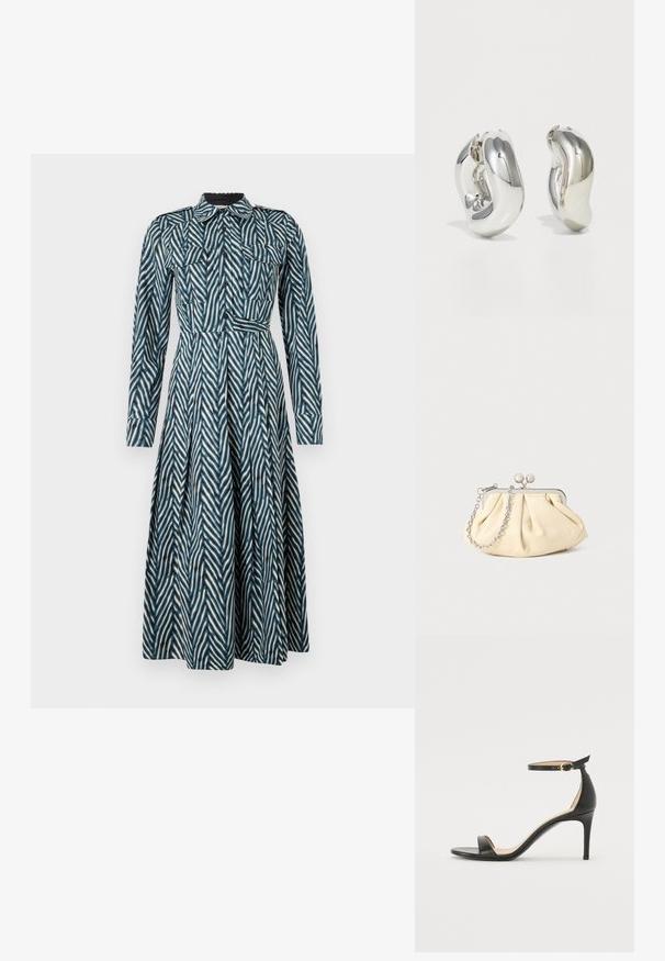 Diane von Furstenberg ASPEN DRESS - Blusenkleid - blue; Schwarze Leder-high-heeled Sandale mit Knöchelriemen. Verfügt über eine glatte Textur, offene Zehen und einen dünnen Absatz. Goldfarbener Schnallenakzent.; Faltige beigefarbene Ledertasche mit einem silbernen Metallrahmen, ausgestattet mit zwei runden dekorativen Verschlüssen und einem silbernen Kettenriemen.; Silberne skulpturale Ohrringe mit glatten, geschwungenen Formen und reflektierenden Oberflächen. Sie verfügen über ein geschlossenes Ringdesign und eine ausgeprägte organische Form.