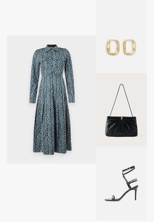 Diane von Furstenberg ASPEN DRESS - Tričkové šaty - blue; Čierna sandála na vysokom opätku s úzkym remienkom okolo členka, remienkom v strede chodidla ozdobeným striebornými reťazovými článkami a otvorenou špičkou.; Čierna kožená kabelka s prekrúteným dizajnom vpredu, jedným popruhom a zlatým kovovým detailom v strede. Hladká textúra.; sweet deluxe DELILAH - Náušnice - gold-coloured