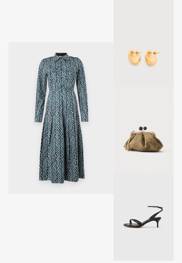 Diane von Furstenberg ASPEN DRESS - Vestido camisero - blue; Sandalia negra de cuero para mujer con tiras finas, un lazo para el dedo del pie, hebilla en el tobillo y tacón de aguja de altura media sobre un fondo neutro.; Pequeño bolso de mano con patrón geométrico en dorado y negro, marco metálico dorado, cierre de bola negro y una corta correa de cadena dorada.; Par de pequeños pendientes de botón de tono dorado, robustos, con formas abstractas suaves y curvas sobre un fondo claro.