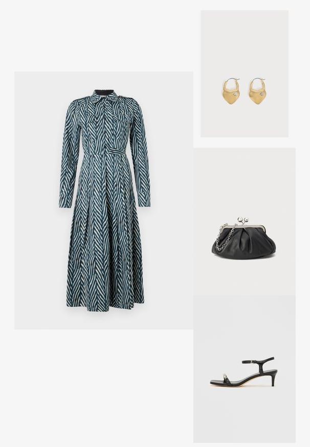 Diane von Furstenberg ASPEN DRESS - Skjortekjole - blue; Sort læder sandal med hæl og ankelrem, åben tå, firkantet front og sølvfarvede metalaccenter. Figurformet design med en slank profil.; Sort læder clutch med samlet tekstur, sølvfarvet metalramme, kys-lås lukning og kædestrop. Glat, blød overflade.; Par guldmønterøreringe formet som hjerter med små spar udskæringer på en hvid baggrund.