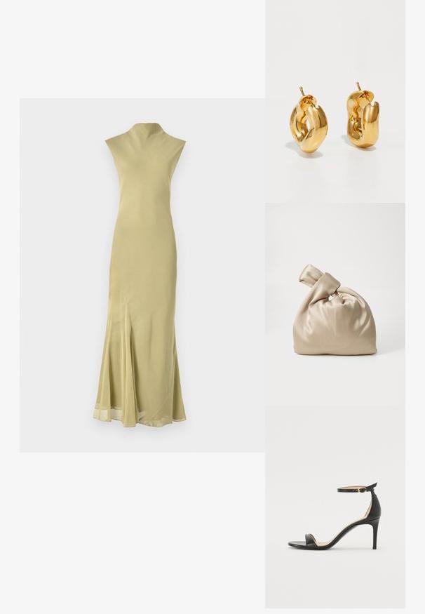 Langes, eng anliegendes Kleid aus hellgelbem Stoff mit hohem Kragen, geschwungener Silhouette und einem seitlichen Schlitz nahe dem Saum für zusätzliche Details.; Schwarze Leder-high-heeled Sandale mit Knöchelriemen. Verfügt über eine glatte Textur, offene Zehen und einen dünnen Absatz. Goldfarbener Schnallenakzent.; Beige Satinbeutel mit geknotetem Deckel, der eine weiche, glatte Textur und eine runde Form aufweist, entworfen, um einfach und elegant zu sein.; Fette goldene Creolen mit einem leicht verdrehten, röhrenförmigen Design und Steckverschlüssen auf einem weißen Hintergrund.