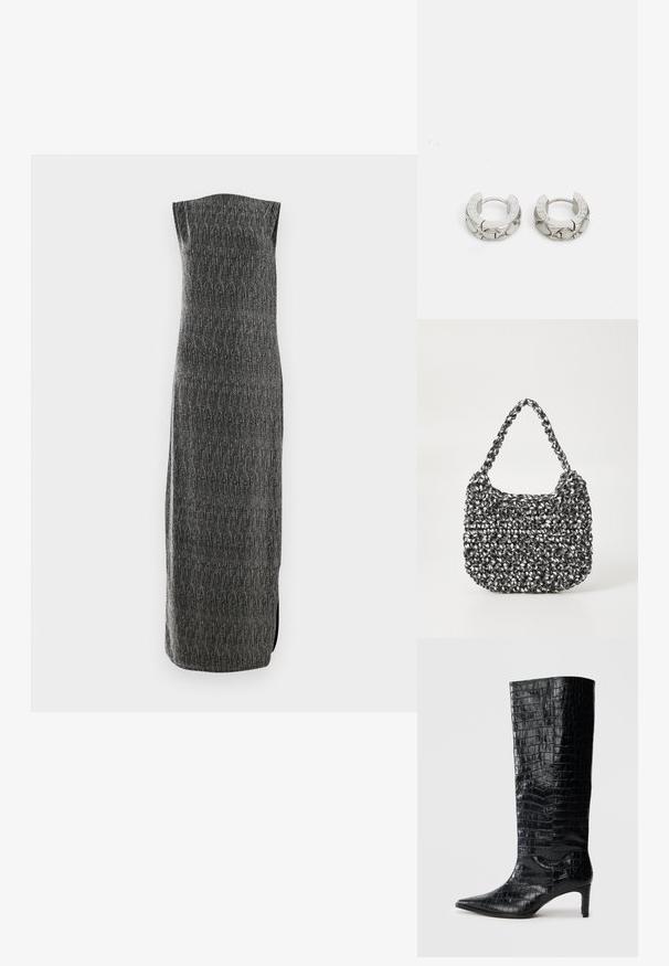 Ärmelloses, langes Kleid aus grauem Stoff mit strukturiertem Muster und seitlichem Schlitz. Gerader Schnitt mit subtiler Schimmer, entworfen für eine stromlinienförmige Silhouette.; Schwarze kniehohe Stiefel mit glänzender, krokodilgeprägter Textur, spitzer Zehenpartie und schmalem Absatz. Glattes synthetisches Material.; Gewebte Handtasche in Schwarz und Weiß mit runder Form, strukturiertem Oberflächenfinish und geflochtener Grifffläche. Geeignet für den lässigen Gebrauch.; Guess STYLISH - Ohrringe - silver-coloured