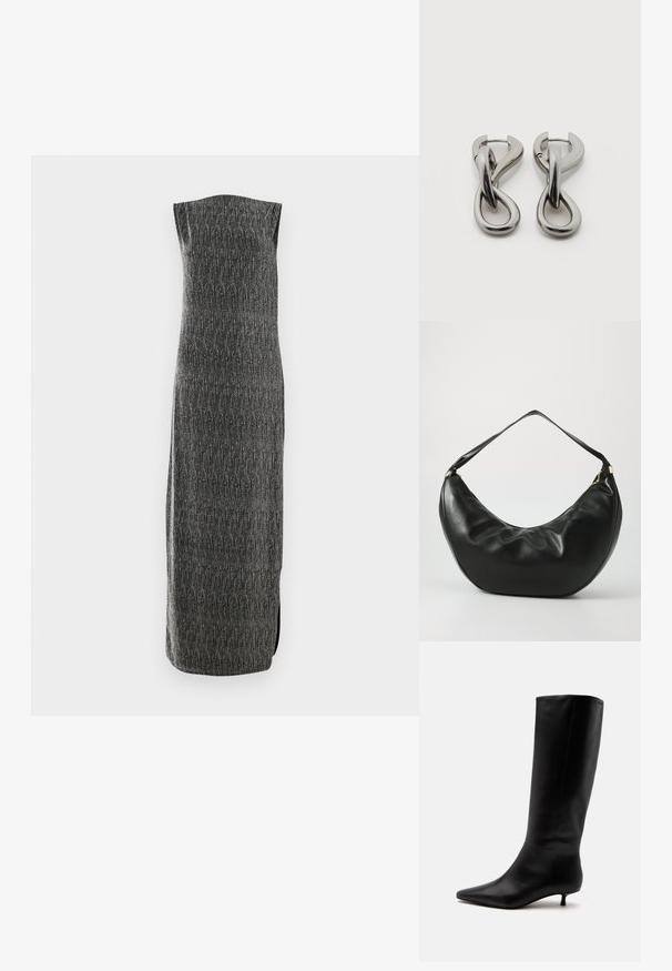 Ärmelloses, langes Kleid aus grauem Stoff mit strukturiertem Muster und seitlichem Schlitz. Gerader Schnitt mit subtiler Schimmer, entworfen für eine stromlinienförmige Silhouette.; Schwarzer kniehoher Lederstiefel mit spitz zulaufender Schuhspitze und niedrigem Kittenabsatz vor einem schlichten hellen Hintergrund.; Schwarze Leder-Schultertasche mit geschwungener Form, weicher Textur und einem einzelnen Riemen; verfügt über einen goldenen Reißverschluss und dezente Markenkennzeichnung.; Paar silberfarbene Metallohrringe mit abstraktem ineinandergreifendem Schlaufen-Design auf weißem Hintergrund.