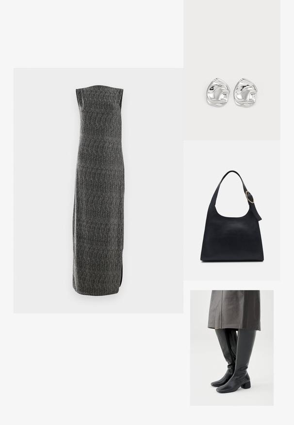 Vestido largo sin mangas de tela gris con un patrón texturizado y una abertura lateral. Corte recto con un ligero brillo, diseñado para una silueta estilizada.; Botas negras de cuero hasta la rodilla con punta cuadrada, tacón de bloque inclinado y cremallera lateral; textura lisa y diseño ajustado.; Bolso tote de cuero negro con textura suave, cuerpo redondeado y una sola correa de hombro con un acento de hardware dorado circular.; Pendientes de studs en forma abstracta de plata con un acabado pulido, que presentan curvas suaves y contornos sutiles. Sin patrones o acentos visibles.