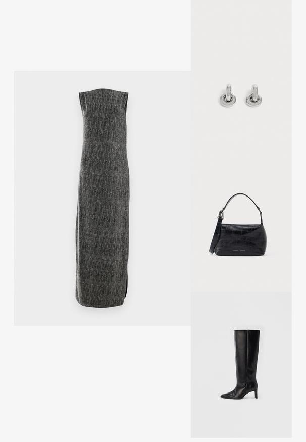 Vestido largo sin mangas de tela gris con un patrón texturizado y una abertura lateral. Corte recto con un ligero brillo, diseñado para una silueta estilizada.; Botas negras hasta la rodilla hechas de cuero suave, con punta puntiaguda y tacón delgado, con caña ajustada y diseño minimalista.; Bolso de hombro de cuero negro con relieve de cocodrilo, asa superior e impresión del logo en el frente.; Par de pequeños pendientes de aro plateados brillantes con base redonda, exhibidos sobre un fondo claro y liso.