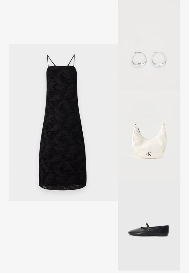 Robe noire à bretelles spaghetti, avec un tissu texturé à motif floral, longueur genoux et une silhouette droite.; Ballerines noires en cuir avec un bout pointu, une semelle plate et une petite sangle avec un détail de boucle en argent.; Petit sac à main blanc en forme de croissant avec une courte bandoulière, fermeture éclair et logo "cK" noir sur le devant.; Boucles d'oreilles en argent avec une finition polie et un branding DKNY, présentées sur un fond blanc uni.