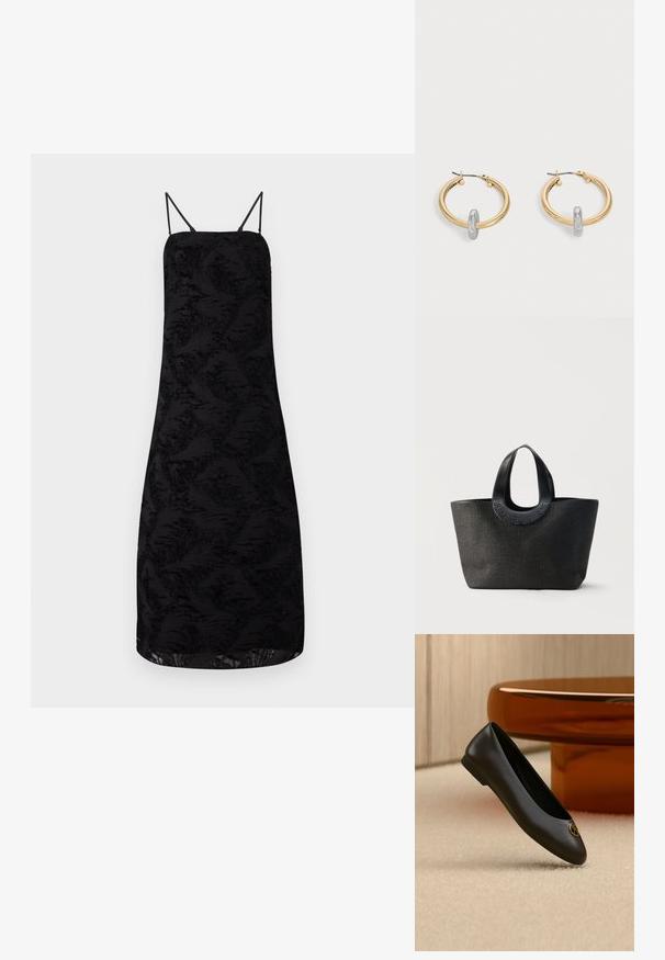 Robe noire à bretelles spaghetti, avec un tissu texturé à motif floral, longueur genoux et une silhouette droite.; Ballerine plate en cuir noir avec un bout rond et un emblème de logo doré près du bout, présentée sur un tapis beige et un fond de meubles marron.; Sac cabas noir texturé avec de larges poignées arrondies présentant le nom de la marque embossé "Samsøe Samsøe" sur fond neutre.; Paire de boucles d'oreilles créoles dorées avec un petit détail boucle ton argent sur chaque, exposées sur fond gris clair.
