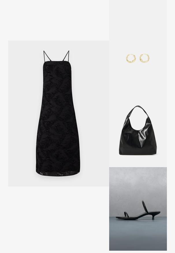 Sort kjole med spaghettistropper, der har tekstureret stof i et blomsterdesign, knælangt længde og en lige silhuet.; Sort Calvin Klein sandal med hæl og tynde stropper, balancerende på træfliser udendørs nær en væg og grønne planter.; Sort læder hobo taske med en blød, skinnende tekstur og en rund, åben top. Har en bred, buet strop til bæring. Ingen synlig hardware.; Guld hoops øreringe med en tekstureret, ujævn overflade. Har et let design og cirkulær form, egnet til hverdagsbrug.