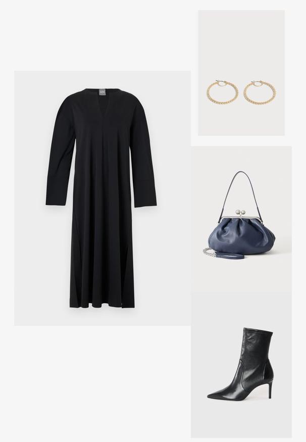 Vestido negro de manga larga con escote en V, hecho de un tejido suave. Presenta aberturas laterales, corte relajado y un diseño de hombros sin costuras.; Botas negras hasta el tobillo hechas de cuero suave, con punta afilada, caña ajustada y tacón alto delgado. Diseño minimalista sin herrajes visibles.; Bolso de mano de cuero azul marino suave con cierre de broche plateado, una correa de hombro y correa de cadena desmontable para la muñeca sobre fondo blanco.; Par de pendientes de aro dorados de tamaño mediano con un diseño texturizado y con cuentas sobre un fondo claro y liso.