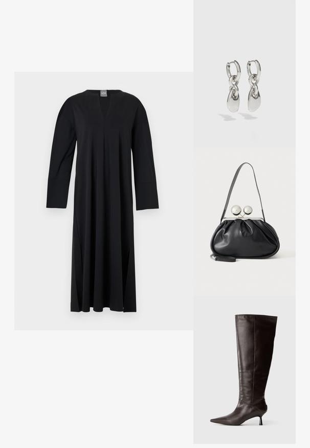 Vestido negro de manga larga con escote en V, hecho de un tejido suave. Presenta aberturas laterales, corte relajado y un diseño de hombros sin costuras.; Bota de cuero marrón hasta la rodilla con punta afilada y tacón delgado. Textura suave y diseño elegante, con una silueta minimalista.; Bolso de mano de cuero negro con diseño fruncido, una sola correa, marco metálico plateado y dos cierres grandes redondos de plata.; Pendientes de aro de plata con enlaces ovalados alargados, con un acabado pulido y un colgante con textura. Diseño sencillo con bordes suaves.