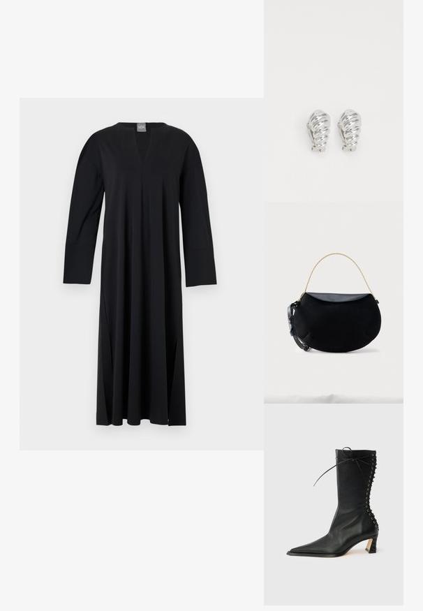 Vestido negro de manga larga con escote en V, hecho de un tejido suave. Presenta aberturas laterales, corte relajado y un diseño de hombros sin costuras.; Botín de cuero negro con punta puntiaguda, tacón delgado, detalle de cordones en la parte trasera y ojales metálicos. Textura suave con un diseño elegante.; Bolso negro en forma de media luna con solapa de cuero suave, asa de cadena dorada y correa ajustable de cuero negro sobre fondo blanco.; Pendientes de clip plateados con un diseño en espiral, que presentan una textura metálica suave y formas redondeadas. Sin adornos ni patrones visibles.