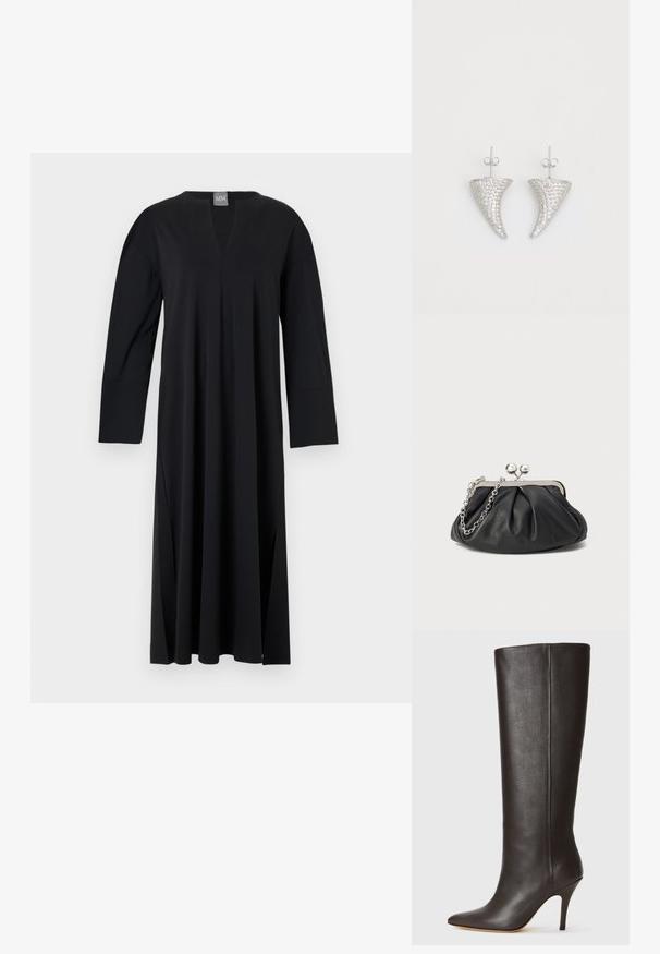 Vestido negro de manga larga con escote en V, hecho de un tejido suave. Presenta aberturas laterales, corte relajado y un diseño de hombros sin costuras.; Bota de cuero negra hasta la rodilla con puntera afilada, diseño elegante y tacón alto delgado. Textura suave y un mínimo de detalles.; Clutch de cuero negro con textura arrugada, marco de metal en tono plateado, cierre de beso y cadena para colgar. Superficie suave y lisa.; Pendientes en forma de cuerno plateado, engastados con pequeñas piedras transparentes, que cuentan con un cierre trasero para su sujeción. Textura suave y acabado metálico.