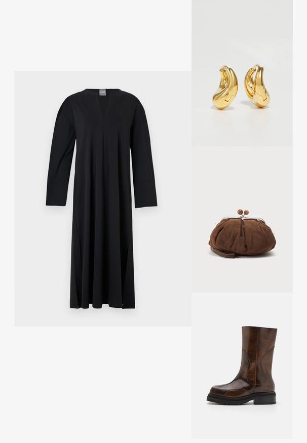 Sort langærmet kjole med V-udskæring, lavet af glat stof. Har sideslidser, afslappet pasform og en sømløs skulderdesign.; ECKHAUS LATTA STACKED BOOT - Plateaustøvler - dark brown; Blød brun ruskindshåndtaske med sølvmetal ramme og runde brune låsekugler på en ensfarvet lys baggrund.; Guldringeøreringe med en glat, buet form og poleret overflade. Udstyret med en lukkeanordning og lette fordybninger for detaljer.