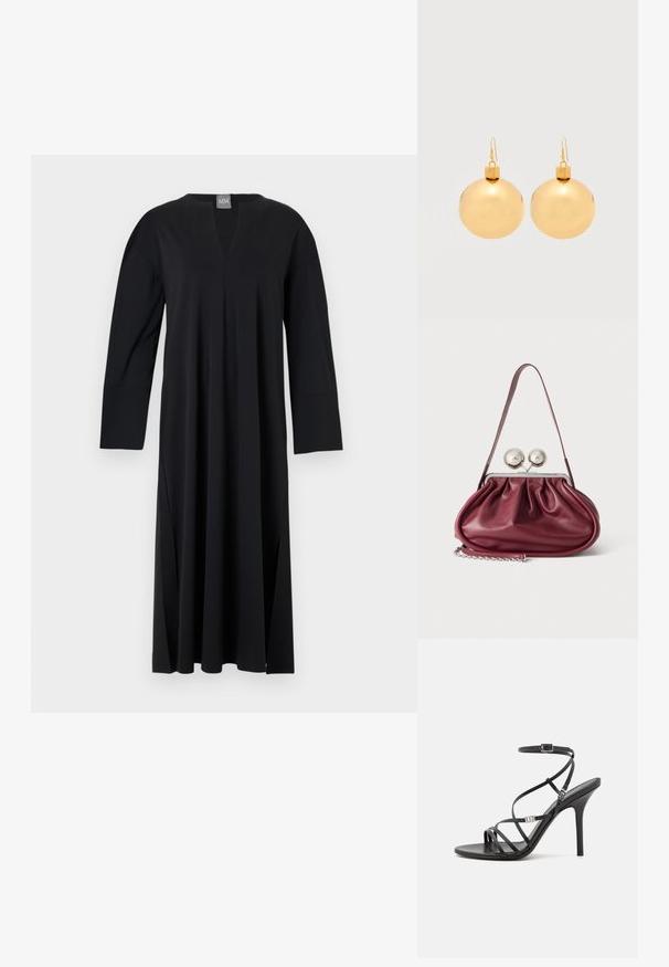 Robe noire à manches longues avec un décolleté en V, fabriquée en tissu lisse. Présente des fentes sur les côtés, une coupe décontractée et un design d'épaule sans couture.; Sandale noire à talons hauts avec des brides fines, une boucle à la cheville, une surface en cuir lisse et un talon aiguille élancé.; Petit sac à main en cuir bordeaux avec des détails froncés, une fine bandoulière et une fermeture argentée comportant deux gros boutons ronds.; Paire de boucles d'oreilles boule de Noël dorées brillantes avec fermoirs à crochet sur fond blanc uni.