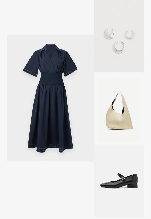 Vestido cruzado de color azul marino con mangas cortas, cintura fruncida y costuras blancas contrastantes en el cuello y el dobladillo. Diseño de falda fluida.; Zapatos Mary Jane de cuero negro con puntera de charol, correa de tobillo ajustable y tacón bajo. Textura suave y diseño elegante.; Bolso de hombro de cuero liso color crema con forma triangular curva y correa ajustable con hebilla plateada.; Tres aretes abiertos de plata con diseños suaves y redondeados sobre un fondo claro y uniforme, dispuestos en un patrón triangular.