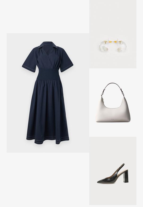 Marineblauwe wikkeljurk met korte mouwen, gerimpelde taille en contrasterende witte stiksel langs de kraag en zoom. Vloeiende rokdesign.; Zwarte leren slingback schoen met spits toelopend neusje, hoge blokhak en beige binnenvoering tegen een effen lichte achtergrond.; Romige Calvin Klein leren schoudertas met gebogen bovenrand, zilveren rits en donkerbruine verstelbare riem.; Heldere acryl oorringen met gouden accenten, met een gebogen ontwerp en transparante sluiting. Gladde textuur, minimalistische stijl.