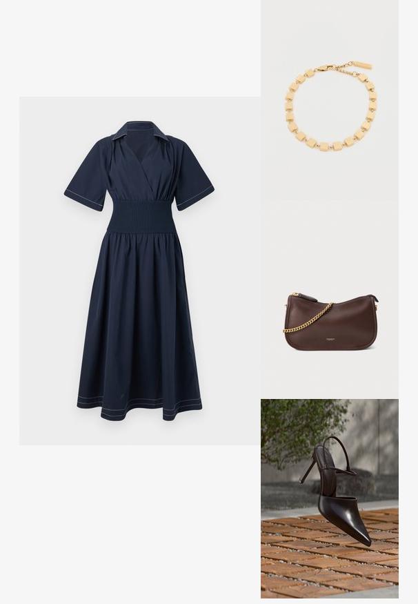 Robe portefeuille bleu marine à manches courtes, taille smockée, avec des coutures blanches contrastantes le long du col et de l'ourlet. Design de jupe fluide.; Mule noire brillante à talons hauts avec bout pointu et bride à la cheville, suspendue au-dessus d'une surface carrelée en terre cuite avec des interstices remplis de gravier.; Sac à main en cuir marron au design incurvé, doté d'une bandoulière en chaîne dorée et d'une fermeture éclair. Logo embossé à l'avant. Texture lisse.; Bracelet en ton or présentant des maillons carrés géométriques avec une texture lisse, reliés par une chaîne en métal, et un fermoir avec une étiquette de logo.