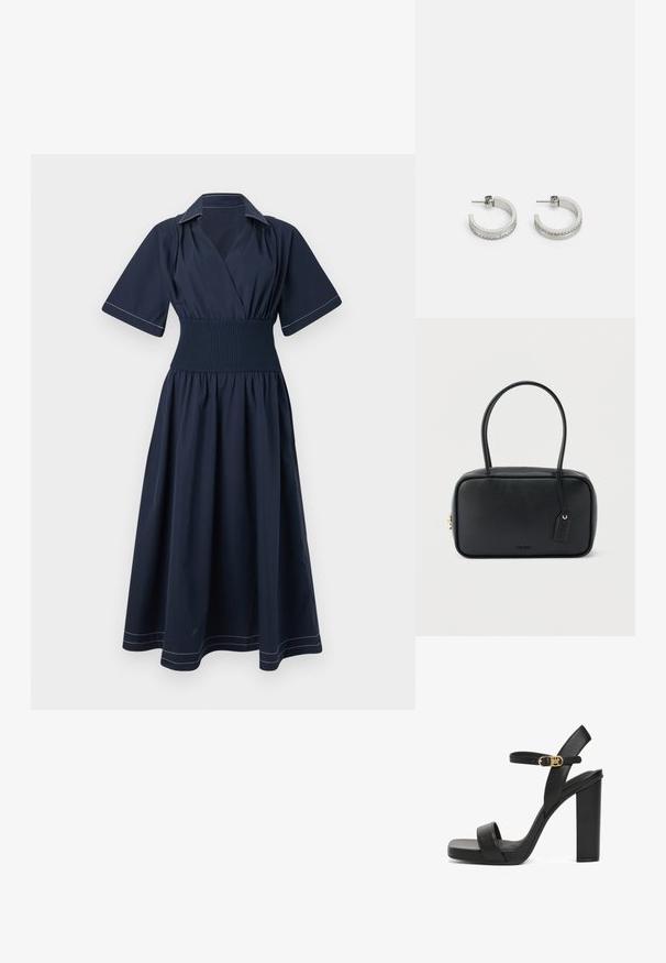 Vestido cruzado de color azul marino con mangas cortas, cintura fruncida y costuras blancas contrastantes en el cuello y el dobladillo. Diseño de falda fluida.; Sandalía negra de tacón alto hecha de cuero suave, con una amplia correa frontal, correa en el tobillo con hebilla dorada y un tacón cuadrado grueso.; Bolso rectangular negro con asas dobles redondeadas, cremallera dorada y logo "HUGO" en relieve en el frente con etiqueta de cuero adjunta.; Pendientes de aro plateados con una superficie lisa y una fila de pequeñas piedras transparentes a lo largo del borde inferior, con cierre de perno.