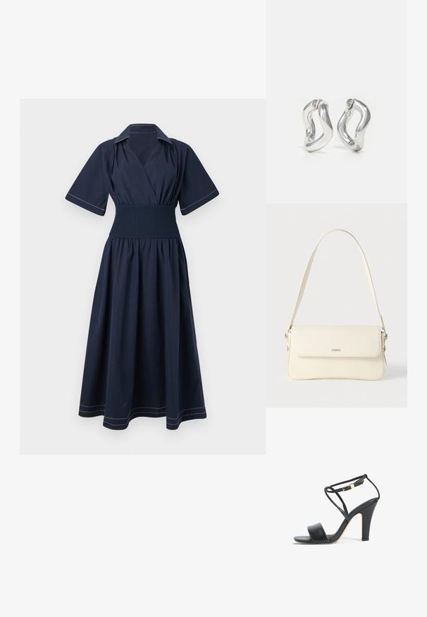Vestido cruzado de color azul marino con mangas cortas, cintura fruncida y costuras blancas contrastantes en el cuello y el dobladillo. Diseño de falda fluida.; Sandalia de tacón alto negra con tira fina en el tobillo, hebilla dorada, punta abierta y tacón ancho, vista lateral sobre fondo blanco.; Bolso de hombro de cuero color crema con cierre de solapa, herrajes plateados, una sola correa ajustable y detalles sutiles con el logo.; Pendientes de aro plateados con un diseño retorcido. Bordes redondeados y acabado brillante. Cierres abiertos para un fácil uso. Textura suave en toda la superficie.