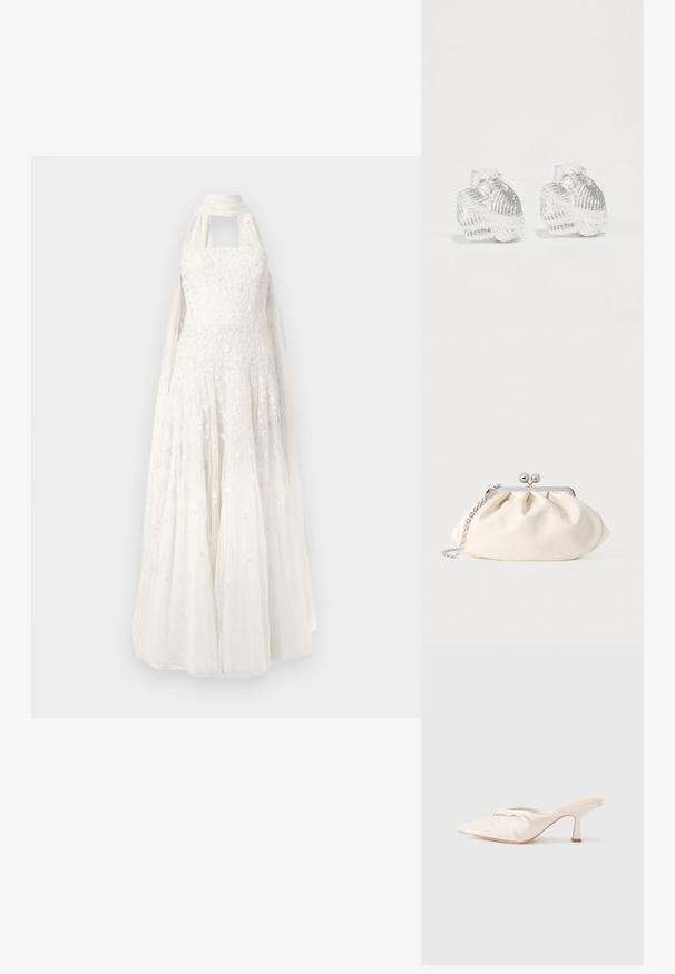 Hvid stropløs kjole med blomstret blonder overlay, tætsiddende overdel, fyldig nederdel og fastgjort halterneck tørklæde.; Mulesko i lyst beige stof med et knyttet design foran, spids tå og en slank, tilspidset hæl. Glat tekstur over det hele.; Cremefarvet stofclutch med et rynket design, sølv metalramme, to dekorative kugler og en sølvkæde som rem.; Sølvrunde ørehængere i skaldform med strukturerede riller og glatte kurver, der har en klar bagside for sikker bæring.
