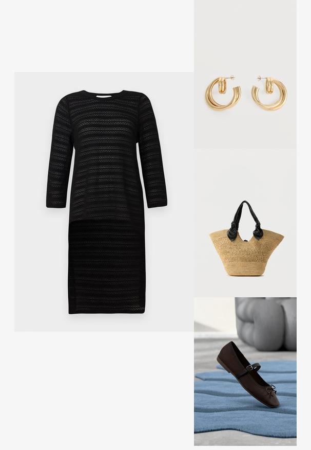 Robe tricotée noire à manches trois quarts, présentant un motif rayé texturé. Encolure ronde et silhouette à hauteur du genou.; Chaussure plate Mary Jane marron foncé avec boucle et détail nœud reposant sur un tapis texturé bleu ondulé, et un canapé gris rembourré en arrière-plan.; Sac fourre-tout en paille tissée de forme large et triangulaire, avec des anses en cuir noir nouées et un dessus ouvert. Couleur paille naturelle avec texture.; Paire de boucles d'oreilles créoles doubles en or brillant avec attaches à tige sur fond blanc.