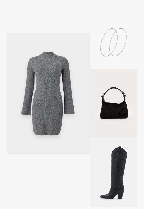 Kootud hall kleit kõrge kaelusega, pikkade varrukatega ja vormitud siluetiga. Omab vertikaalset ribatekstiili. Lühike alläär.; Zign by Zalando LEATHER - Kauboi-/mootorrattasaapad - black; Mustast kunstkarusnahast käekott, millel on pehme tekstuur, ümar kuju ja tugev must nahast õlarihm. Nähtavad hõbedased detailid.; Hõbedased rõngastikkaehingad minimalistlikus disainis. Ümar kuju, sile tekstuur ja õhuke profiil. Kerged ning poleeritud viimistlusega.