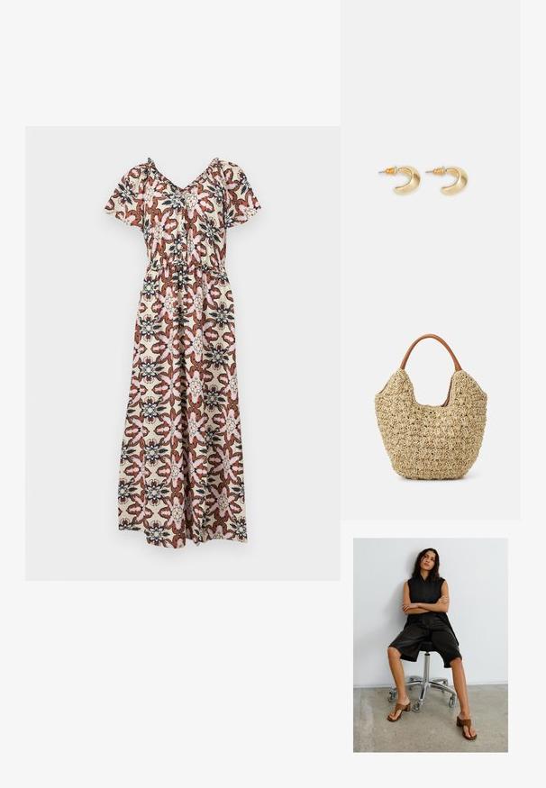 Robe maxi à manches courtes, avec un motif floral en rose, marron et bleu marine sur un fond crème. Taille élastique, design drapé lâche.; Femme aux longs cheveux noirs assise sur une chaise de bureau noire, portant un haut sans manches noir, un short noir longueur genou et des sandales marron à talons.; Sac fourre-tout en paille tissée avec une texture naturelle et une forme douce et organique, doté de poignées en cuir brun pour un transport facile.; Boucles d'oreilles en forme de croissant en or avec une finition lisse, présentant des accents orange près du clou et un matériel en argent.