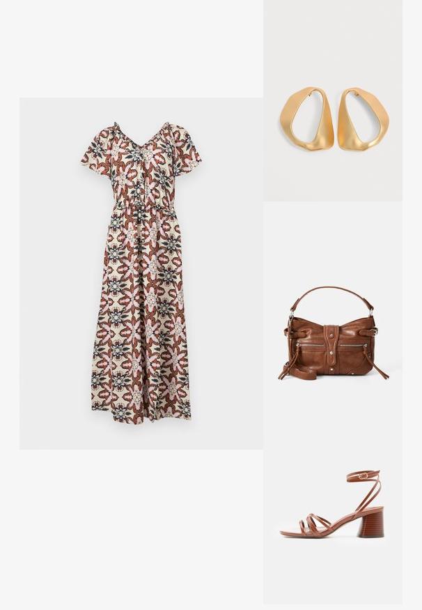 Robe maxi à manches courtes, avec un motif floral en rose, marron et bleu marine sur un fond crème. Taille élastique, design drapé lâche.; Sandale marron à brides avec talon bloc et boucle à la cheville, design minimaliste, texture en cuir lisse, vue de côté sur fond uni.; Sac à main en cuir marron, de forme arrondie, avec deux poches zippées à l'avant et une bandoulière amovible. Il présente des éléments en métal argenté et des coutures.; Paire de boucles d’oreilles créoles en or irrégulières et asymétriques avec une finition lisse et mate sur un fond neutre.