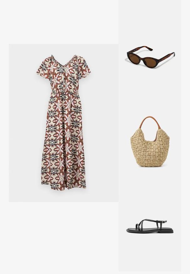 Robe maxi à manches courtes, avec un motif floral en rose, marron et bleu marine sur un fond crème. Taille élastique, design drapé lâche.; Sandales plates noires avec de fines brides réglables, un entre-doigt rectangulaire et une finition mate texturée. Elles présentent un talon bas légèrement carré.; Lunettes de soleil en écaille de tortue marron avec une forme vintage de lunettes cat-eye et des verres marron. Présente des branches courbées avec des accents rouges.; Sac fourre-tout en paille tissée avec une texture naturelle et une forme douce et organique, doté de poignées en cuir brun pour un transport facile.