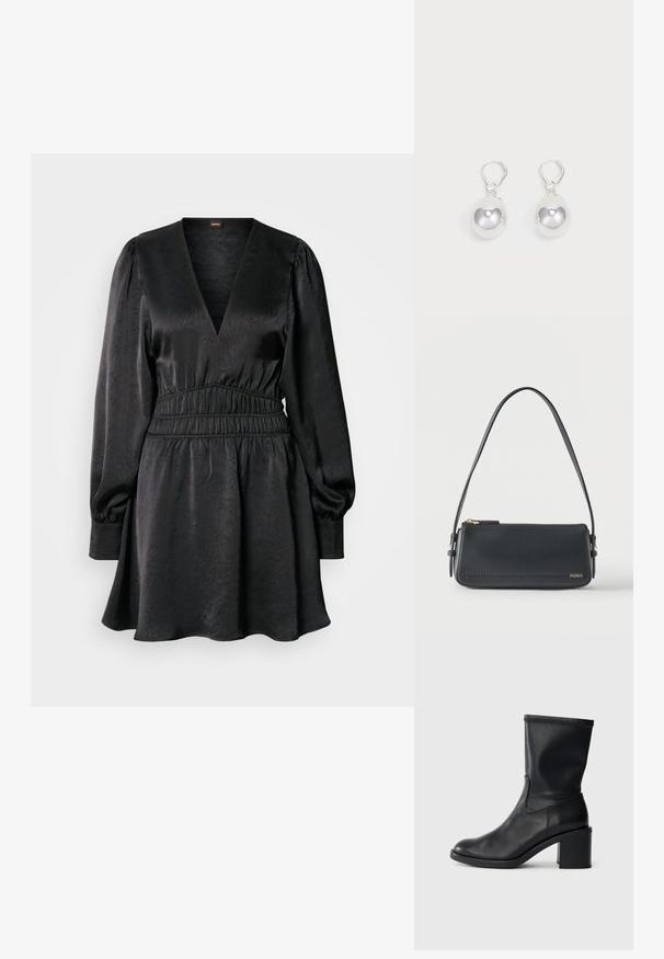 Robe noire avec un décolleté en V, de longues manches bouffantes et une taille froncée. Fabriquée en tissu texturé, elle présente une jupe évasée et des poignets côtelés.; Botte en cuir noir à cheville avec un bout rond, texture lisse et un talon épais, présentant un tige ajustée et un subtil détail de couture.; Sac à bandoulière rectangulaire en cuir noir avec fermeture éclair dorée et petit logo "HUGO" doré sur le devant, doté d'une sangle réglable avec boucle.; Boucles d'oreilles en argent en forme de goutte avec des surfaces lisses, rondes et réfléchissantes, suspendues à des fermoirs à ressort. L'arrière-plan est blanc uni.