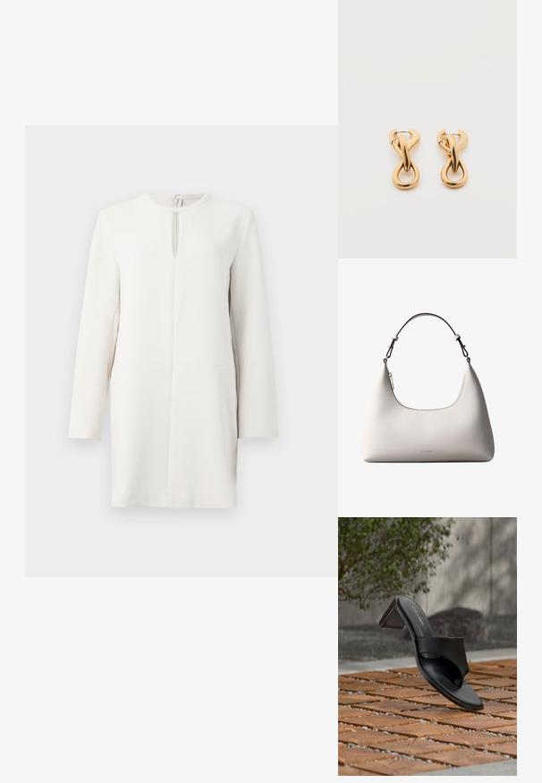 Robe blanche à manches longues avec un col rond, dotée d'une fermeture éclair centrale et d'une coupe droite, fabriquée dans un tissu lisse.; Sandale à talon noire Calvin Klein avec boucle pour l’orteil, posée sur un sol en carreaux de bois en extérieur, près d’un arbre et d’un mur en pierre.; Sac à bandoulière en cuir couleur crème de Calvin Klein avec bord supérieur incurvé, fermeture éclair argentée et sangle ajustable brun foncé.; Paire de boucles d'oreilles créoles en bouclettes dorées brillantes sur fond blanc uni, présentant un design torsadé entrelacé.