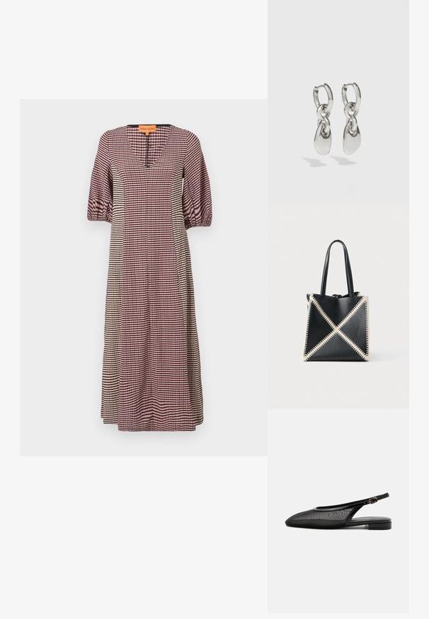 Robe à carreaux en rose, blanc et noir. Elle présente un décolleté en V, des manches bouffantes et une silhouette droite. Tissu doux avec une texture lisse.; Chaussure plate noire à bride arrière, bout pointu, tige en mesh, bride à boucle réglable et petit talon empilé sur fond blanc.; Sac fourre-tout en cuir noir avec des coutures crème formant un motif en X. Il dispose de deux poignées noires et d'une forme non structurée.; Boucles d'oreilles en argent avec des maillons ovales allongés, présentant une finition polie et un pendentif tombant texturé. Design simple avec des bords lisses.