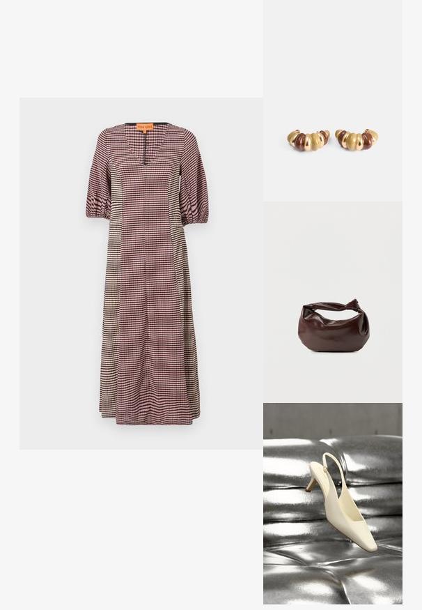Geruite jurk in roze, wit en zwart. Heeft een V-hals, puffmouwen en een rechte silhoeet. Zachte stof met een gladde textuur.; Crèmekleurige slingback kittenheel schoen met een vierkante neus, rustend op een glanzend zilverkleurig gewatteerd lederen oppervlak.; Donkerbruine leren schoudertas met een zachte, slungelige vorm en een gedraaide knoopvormige handgreep op een effen witte achtergrond.; Gouden en bruine spiraaloorbellen, met een gladde, glanzende afwerking en ronde secties. Hun ontwerp omvat variërende breedtes en glanzende accenten.
