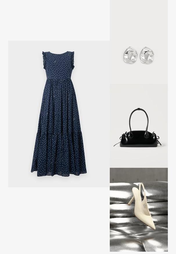 Vestido maxi azul marino con lunares blancos, mangas con volantes, torso ajustado y falda en capas y fluida. Hecho de tela ligera.; Zapato de tacón alto con punta blanca y tira en el talón, exhibido sobre un fondo acolchado plateado y brillante.; Pequeño bolso negro brillante con dos asas largas y detalles de cordón lateral sobre un fondo claro liso.; Pendientes de studs en forma abstracta de plata con un acabado pulido, que presentan curvas suaves y contornos sutiles. Sin patrones o acentos visibles.