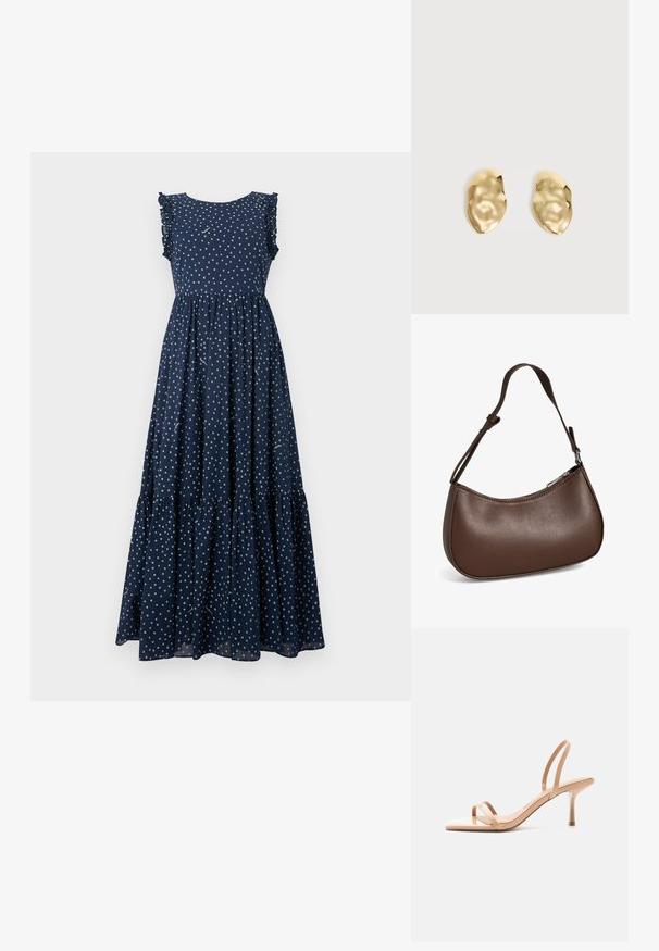 Robe maxi bleu marine avec des pois blancs, des manches volantées, un corsage ajusté et une jupe à volants fluide. Fabriquée en tissu léger.; Sandale beige à talon haut avec fines lanières sur les orteils et autour du talon, avec un bout carré et un talon aiguille fin, sur fond blanc.; Petit sac bandoulière en cuir marron avec sangle réglable et fermeture éclair, présenté sur fond blanc. Aucun logo ou décoration visible.; Paire de boucles d'oreilles en métal doré brillant, de forme irrégulière, avec une surface froissée et lisse sur un fond clair uni.