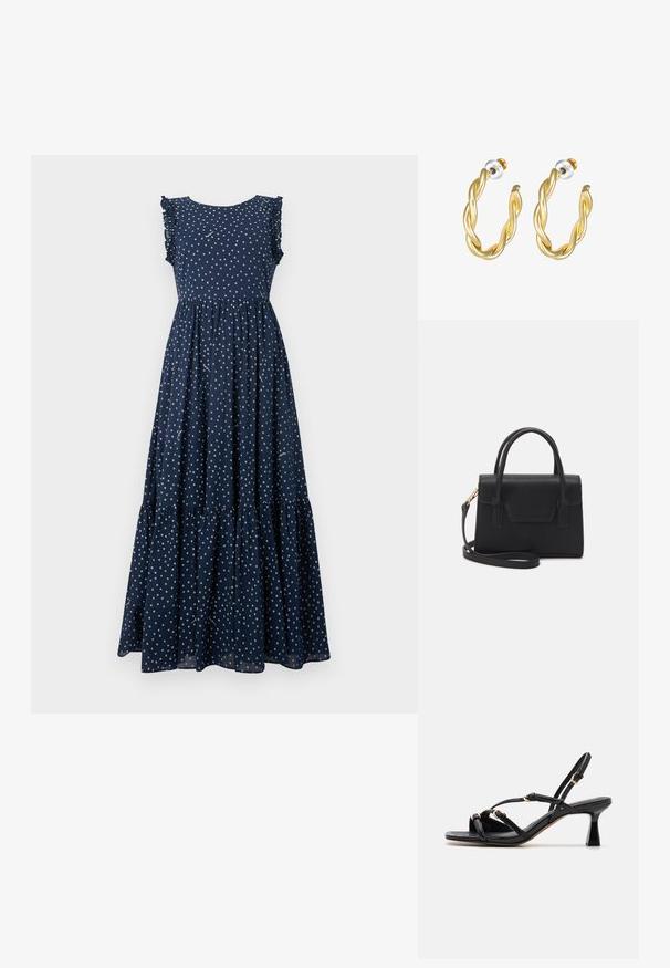 Robe maxi bleu marine avec des pois blancs, des manches volantées, un corsage ajusté et une jupe à volants fluide. Fabriquée en tissu léger.; Call it Spring DIANAH - Sandales - black; Sac à main structuré noir en cuir avec une poignée supérieure, une bandoulière détachable et un détail à rabat à l'avant. Accents en matériel doré.; Boucles d'oreilles créoles dorées torsadées avec une surface lisse, présentant un dos transparent et une quincaillerie dorée.
