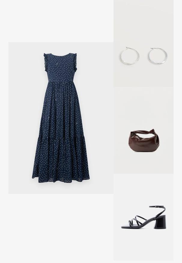 Vestido maxi azul marino con lunares blancos, mangas con volantes, torso ajustado y falda en capas y fluida. Hecho de tela ligera.; Sandalia de mujer negra con tacón grueso, tres tiras finas sobre los dedos y correa en el tobillo con hebilla plateada sobre fondo blanco.; Bolso de hombro de cuero marrón oscuro con una forma suave y caída, y un asa con nudo torcido sobre un fondo blanco liso.; Pendientes de aro de metal plateado con superficie lisa y ligeramente curvada y cierre de tipo mosquetón sobre un fondo blanco liso.