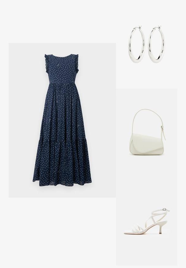 Vestido maxi azul marino con lunares blancos, mangas con volantes, torso ajustado y falda en capas y fluida. Hecho de tela ligera.; Sandalia blanca de mujer con tiras, tacones delgados, tres tiras delanteras y una correa en el tobillo con hebilla plateada.; Bolso de mano de imitación cuero blanco con una forma triangular estructurada, correa ajustable única y cierre con solapa acentuada en curva.; Pendientes de aro de plata con un acabado suave y brillante. Forma circular, con un cierre seguro. Diseño sencillo y elegante.
