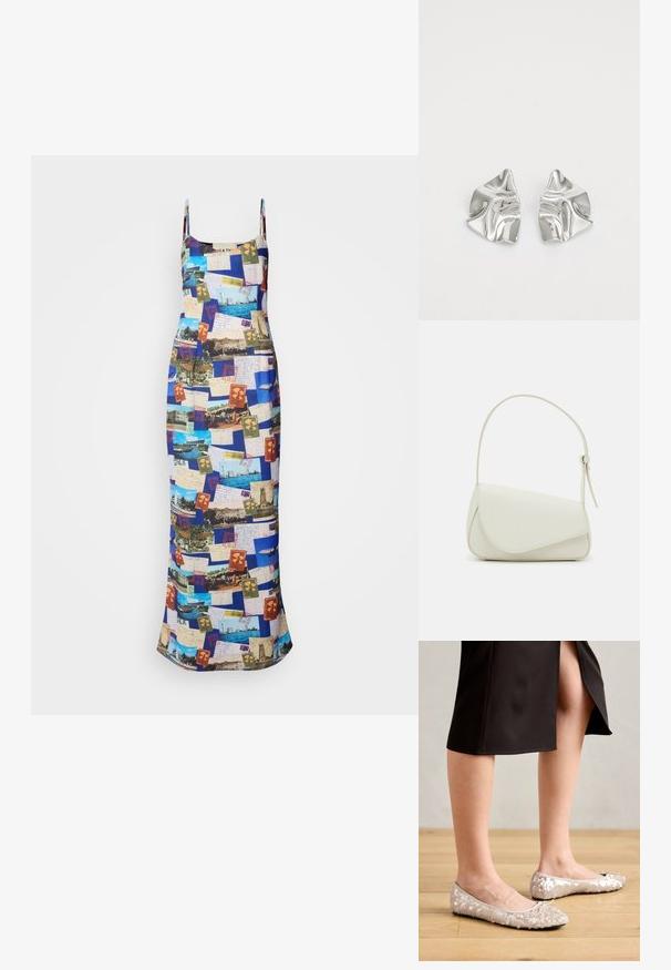 Maxi jurk met dunne bandjes, voorzien van een kleurrijke ansichtkaartcollageprint op een stof met een gladde textuur.; Beige sequined balletschoenen met een ronde neus, voorzien van een strikaccent, gecombineerd met een zwarte rok, gepresenteerd op een houten vloer.; Witte nepleren handtas met een gestructureerde driehoekige vorm, een enkele verstelbare schouderriem en een klep met ronde accenten.; Zilveren metalen oorbellen met een golvend, sculpturaal ontwerp, voorzien van een gepolijste afwerking en onregelmatige vormen, die een hedendaagse esthetiek benadrukken.