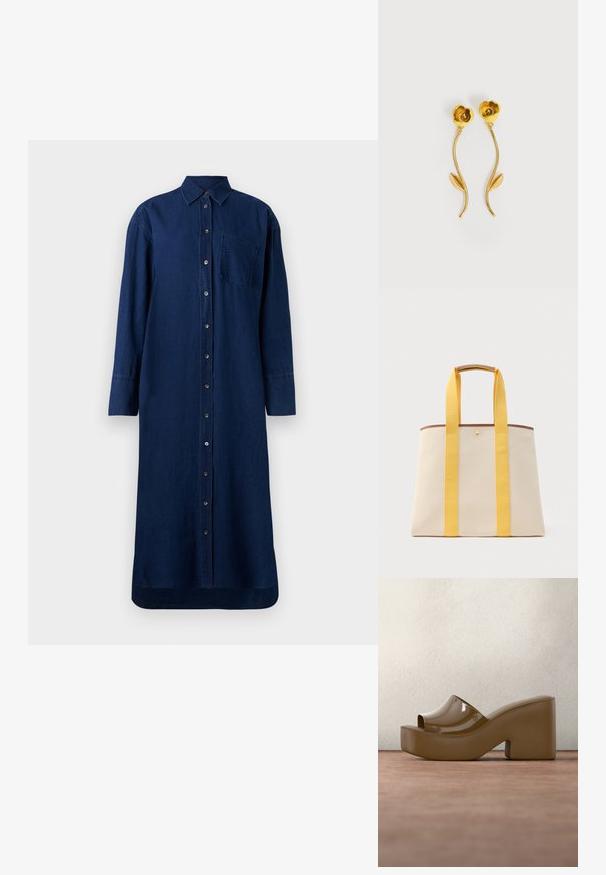 Langærmet denimskjortekjole i mørkeblå. Har knaplukning foran, spids krave og brystlomme. Glat tekstur med lige pasform.; Brun åben tå platform slidesandal med chunky hæl og "melissa"-logo på indersålen, vist mod en sløret grøn og grå baggrund.; Beige lærreds-tote taske med brede gule stropper og brun kant, med en lille guldknaplukning øverst i midten.; Øreringe i guldfarvet metal formet som blomster med buede stilke og et enkelt blad på hver stilk, mod en hvid baggrund.