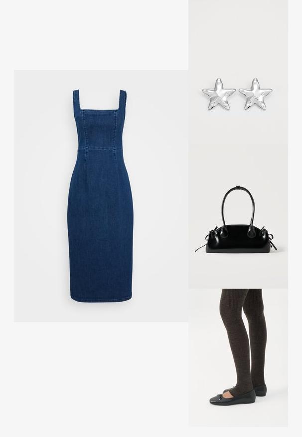 Donkerblauwe denim jurk met een vierkante halslijn, aansluitende lijfje en een pencil silhouet. Bevat naden en een knielange zoom.; Benen met donkere geribbelde leggings gecombineerd met zwarte ballerina's met kleine strikdetails op een witte achtergrond.; Kleine zwarte glanzende handtas met twee lange hengsels en zijkant trekkoord details op een effen lichte achtergrond.; Zilveren stervormige oorbellen met een gepolijste, glanzende afwerking. Elke oorbel heeft vijf punten en subtiele textuurdetails op het oppervlak.