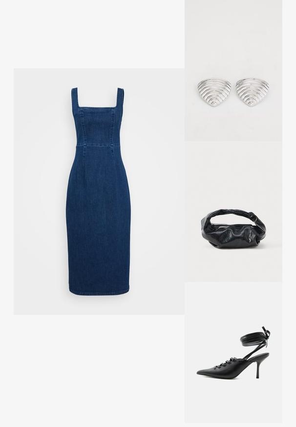 Donkerblauwe denim jurk met een vierkante halslijn, aansluitende lijfje en een pencil silhouet. Bevat naden en een knielange zoom.; Zwarte pumps met spitse neus en hoge hak, met veters aan de voorkant en riempjes die rond de enkel wikkelen en zijn gestrikt in een strik, gezien vanaf de zijkant tegen een witte achtergrond.; Zwarte tas van glanzend, textuur materiaal met een ronde, gedraaide handgreep en een ritsluiting. Heeft een zacht, gekreukt ontwerp.; Zilverkleurige oorknoppen met een golvend, getextureerd ontwerp, gevormd als overlappende maanschijven; de gepolijste afwerking versterkt de reflecterende kwaliteiten.