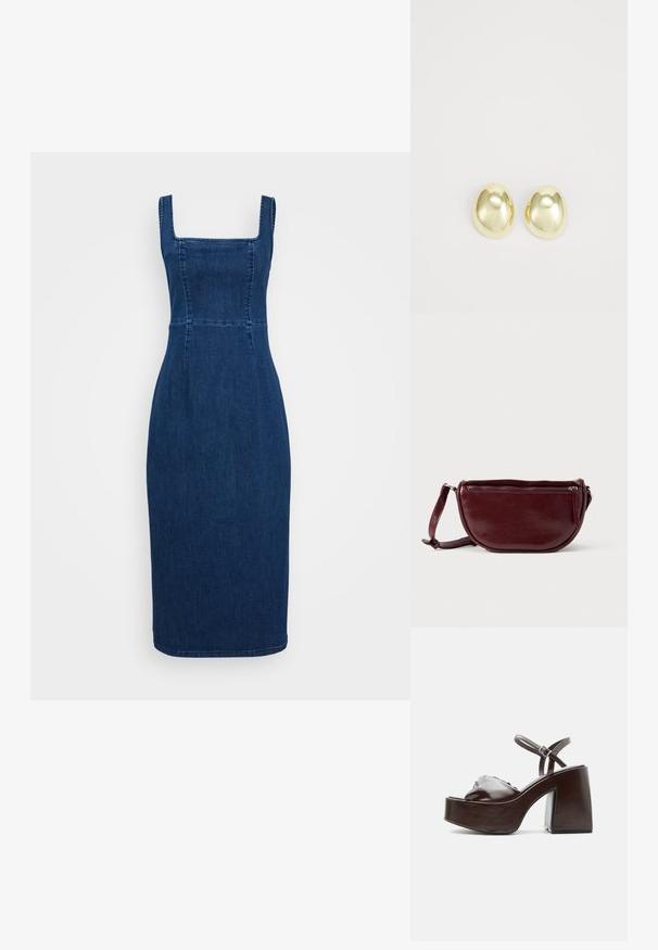 Mørkeblå denimkjole med firkantet udskæring, tætsiddende liv og blyantsilhuet. Har sømme og en knælængde kant.; Mørkebrune læderplatformsandal med chunky blokhæl, åben tå og justerbar ankelrem med metal spænde.; Vinrød læderhåndtaske med halvmåneform, lynlås og aftagelig rem. Glat tekstur med en subtil glans.; Guldtonede metalstudøreringe med en glat, rund form og poleret overflade. Simpelt design uden yderligere dekorationer.