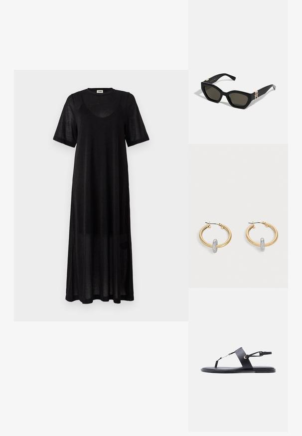 Vestido negro de longitud a la rodilla, confeccionado en un material ligero y translúcido. Presenta un cuello redondo, mangas cortas y un corte holgado y relajado.; Sandalia plana negra con una delgada tira en los dedos, una banda ancha en la parte media del pie y una correa ajustable en el tobillo sobre un fondo blanco.; Tommy Hilfiger Gafas de sol - black; Par de pendientes de aro en tono dorado con pequeño detalle de aro en tono plateado en cada uno, expuestos sobre un fondo gris claro.