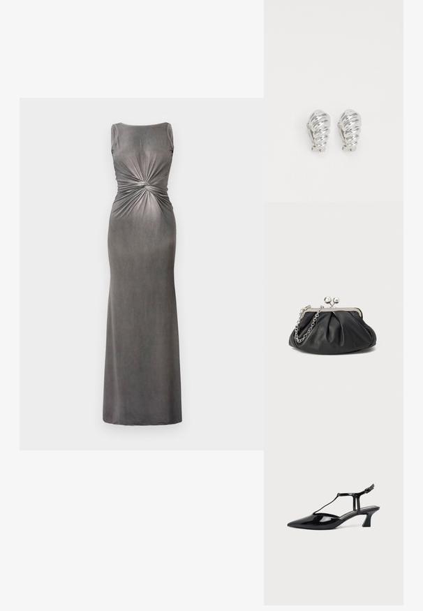 Robe maxi ajustée grise avec un décolleté en scoop et un détail torsadé à la taille. Fabriquée dans un tissu doux et lisse avec une texture légèrement brillante.; Chaussure slingback femme en cuir verni noir à talon bas, bout pointu et fine bride avec petite boucle.; Porte-monnaie en cuir noir avec texture froncée, cadre en métal argenté, fermeture à verrouillage kiss-lock et bandoulière en chaîne. Surface lisse et douce.; Boucles d'oreilles en clip argentées avec un design en spirale, présentant une texture métallique lisse et des formes arrondies. Pas d'embellissements ou de motifs visibles.