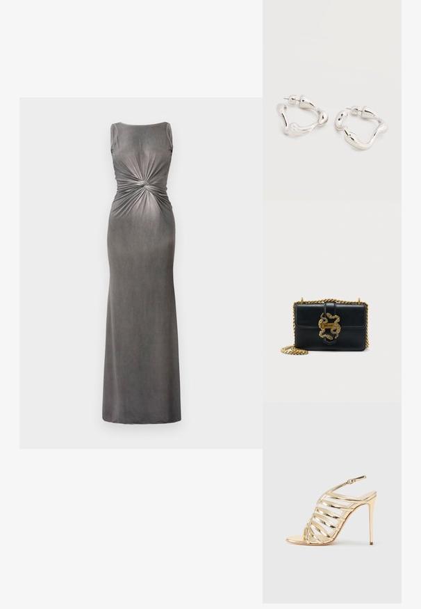Vestido maxi gris ajustado con escote redondo y detalle de torsión en la cintura. Hecho de una tela suave y lisa con una textura ligeramente brillante.; Sandalia metálica dorada de tacón alto con punta abierta, con tiras cruzadas y diseño de tiras traseras. Textura suave con acabado brillante.; Bolso bandolera de cuero negro con correa de cadena dorada retorcida y cierre adornado con serpiente dorada, sobre un fondo liso y claro.; Pendientes de aro de forma irregular en tono plateado con cierre de poste sobre una superficie blanca lisa.