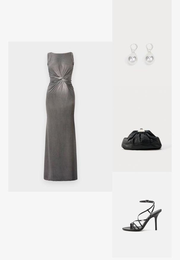 Robe maxi ajustée grise avec un décolleté en scoop et un détail torsadé à la taille. Fabriquée dans un tissu doux et lisse avec une texture légèrement brillante.; Sandale noire à talons hauts avec des brides fines, une boucle à la cheville, une surface en cuir lisse et un talon aiguille élancé.; Pochette en cuir noir avec une texture plissée, fermeture à fermoir métallique, et logo embossé discret sur le devant. Forme arrondie.; Boucles d'oreilles en argent en forme de goutte avec des surfaces lisses, rondes et réfléchissantes, suspendues à des fermoirs à ressort. L'arrière-plan est blanc uni.